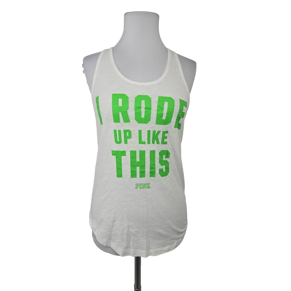 Victoria's Secret Pink Graphic Racerback Tank Top 'I Rode Up Like This' Size XS